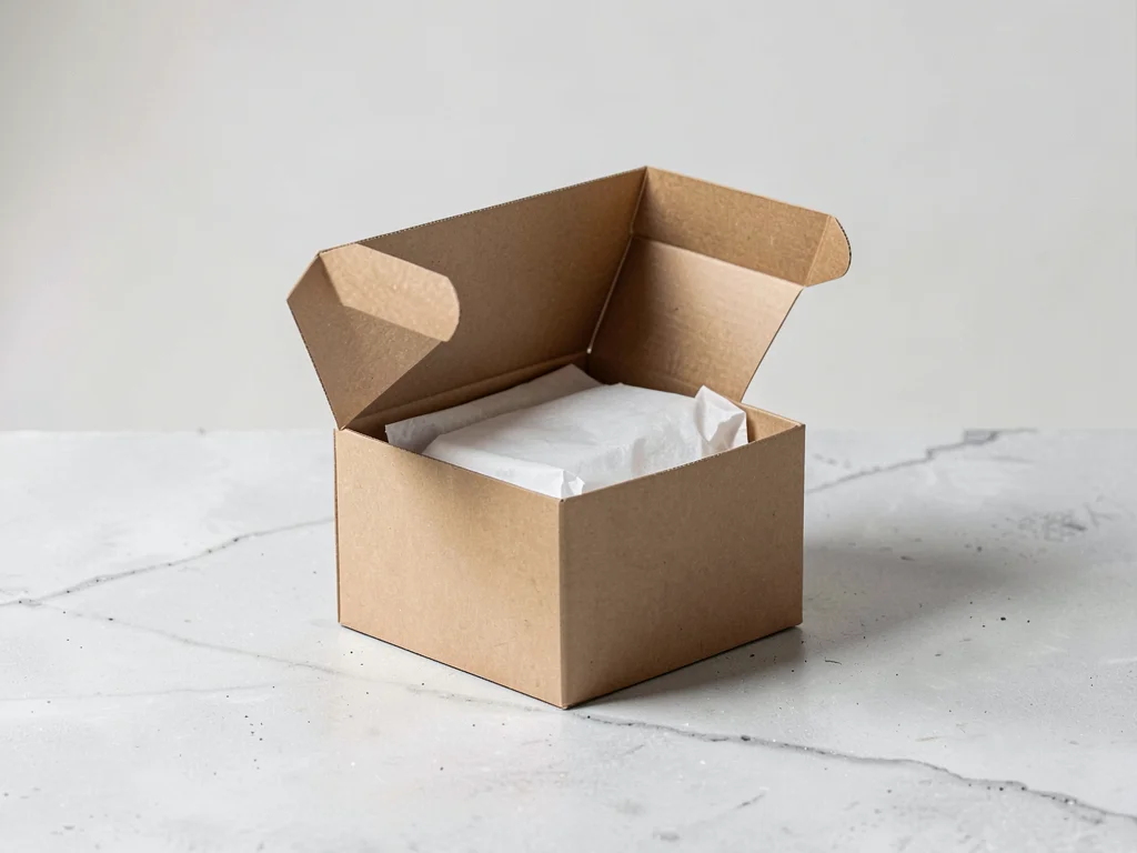 Kraft mailer box open with tissue on concrete