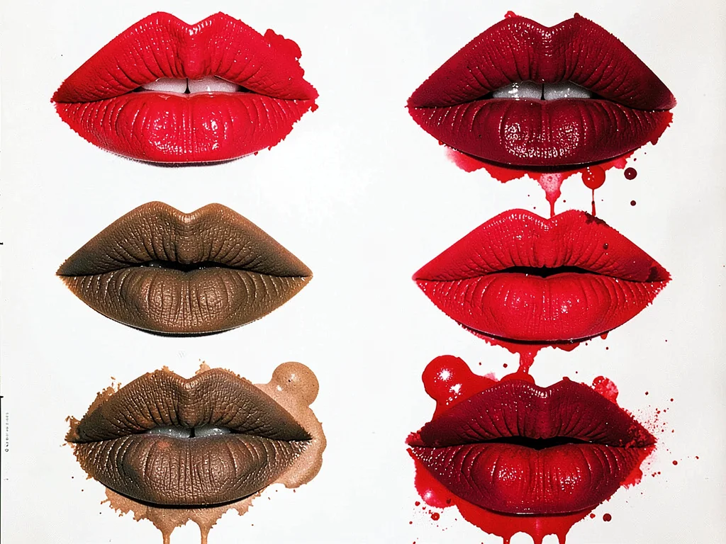 Cosmetics spread: vivid lip colour swatches and eye shadows on white surface, pi