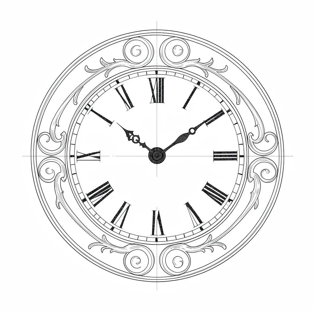A blueprint of a single grandfather clock face surround, ornamental scrollwork d