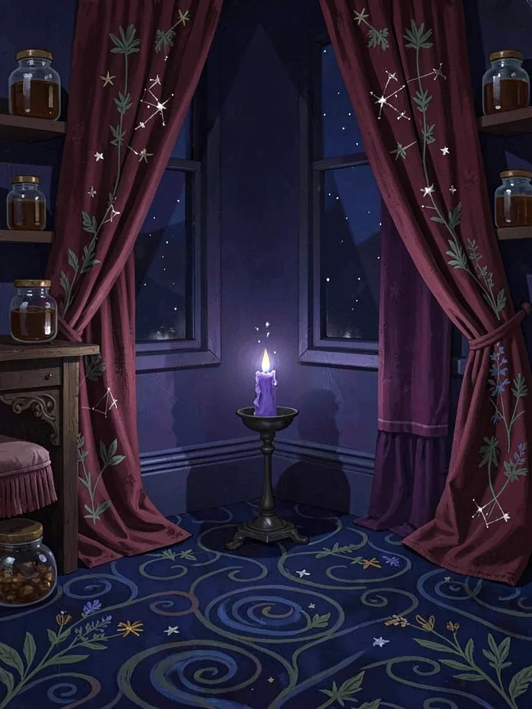 Witch's parlor at moonless midnight glowing from one violet candle, garnet velve