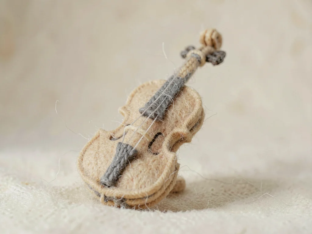 Bow-and-body oat knit violin with cable-knit strings and a chunky-knit chin-rest