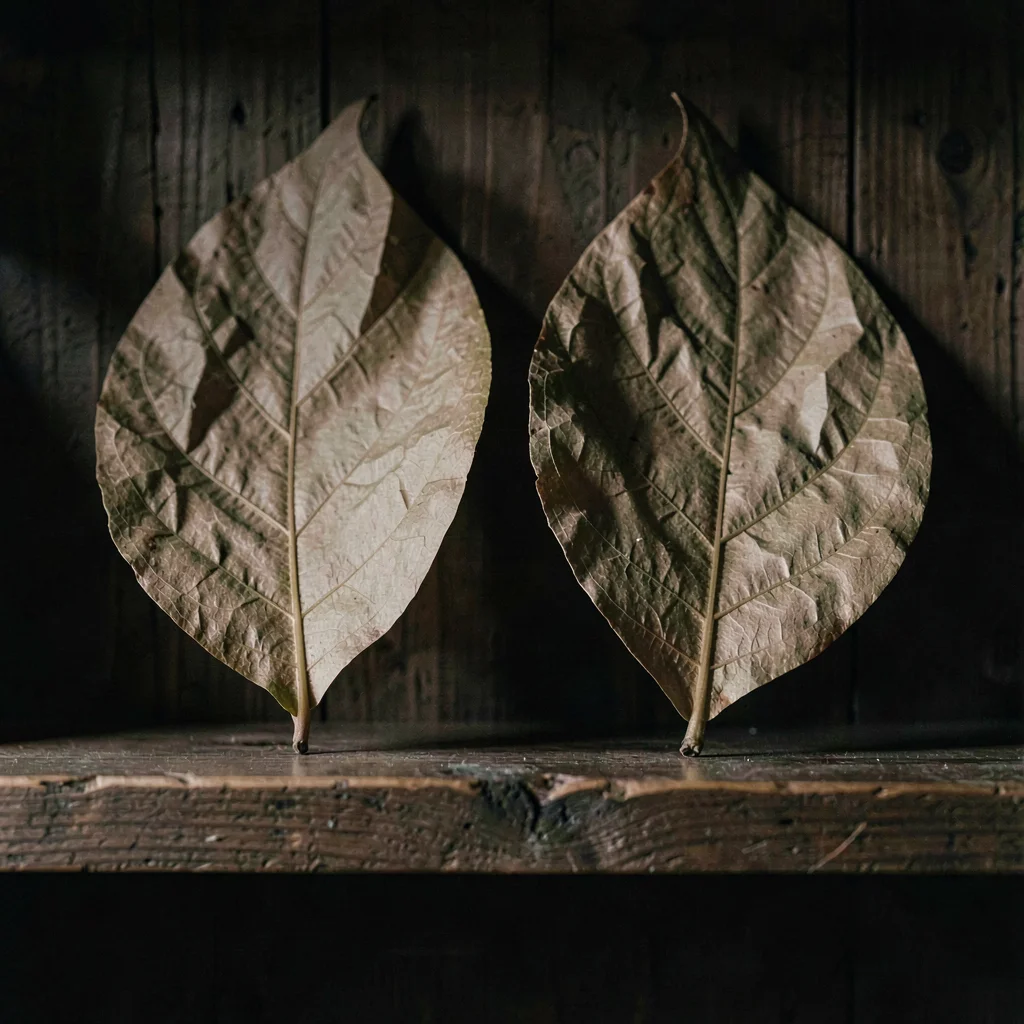Two paper sheets crumpled into oversized leaves on a wooden shelf, moody chiaros