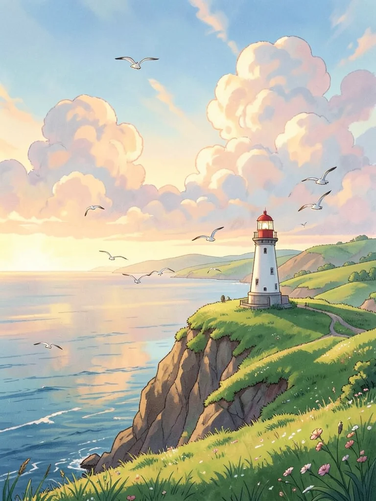 Lighthouse on a grassy cliff overlooking a calm sea at sunset, seagulls circling