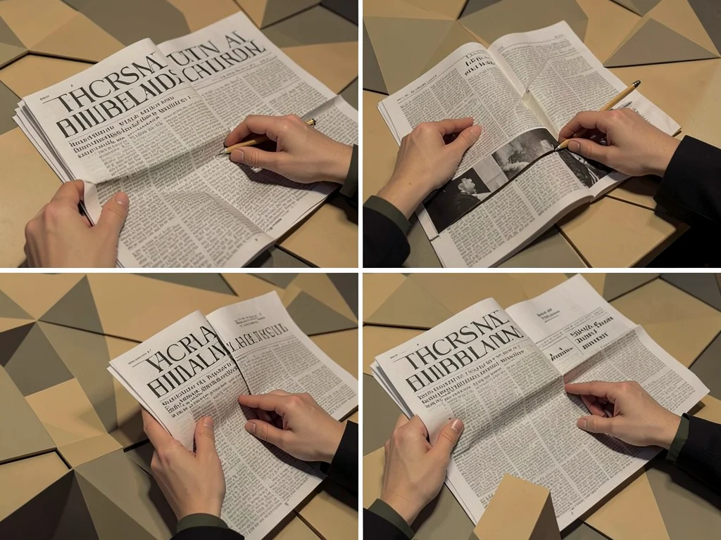 Newspaper spread across a table — masthead, pages, and hands fragmenting into pl