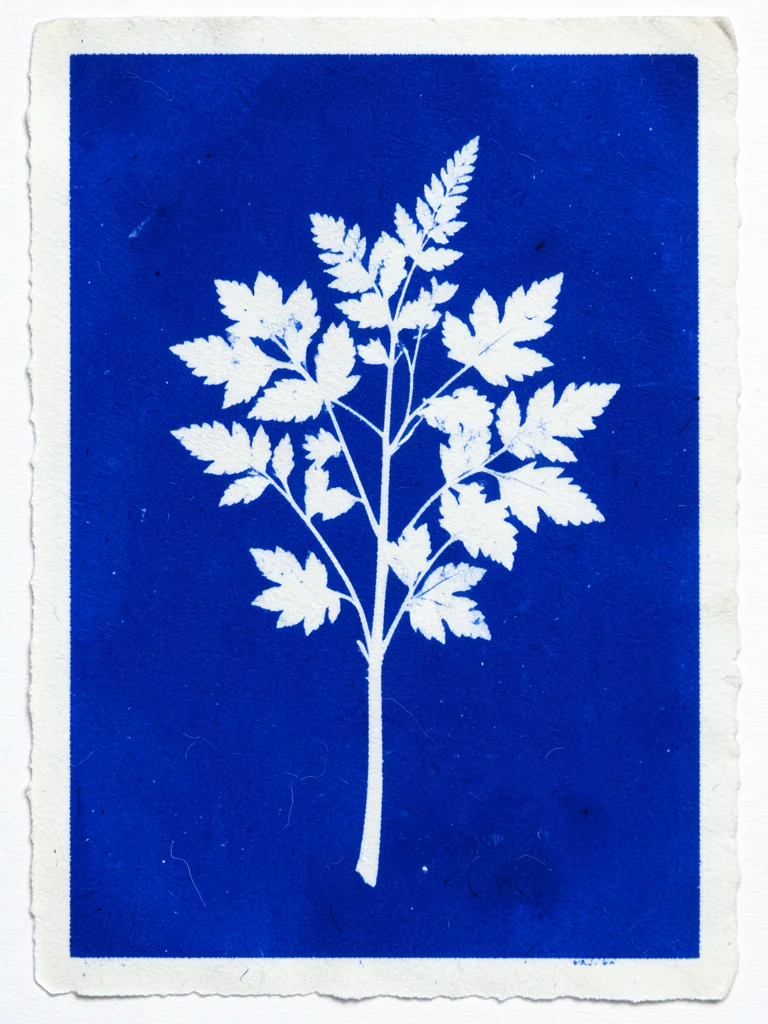 Cyanotype print of graduation bouquet, blue silhouettes of congratulatory flower