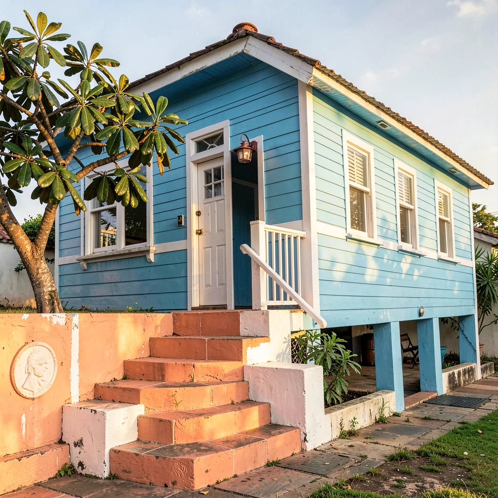 Chattel house colors in Barbados afternoon light, Bright blue chattel ...