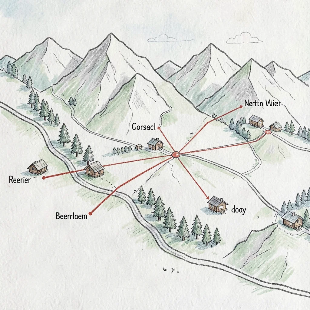 hand-drawn map of a cabin rental network across a mountain region