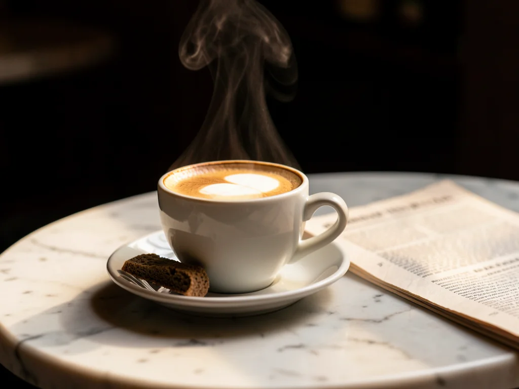 A cappuccino on a marble café counter, perfect microfoam, a small biscotti on th