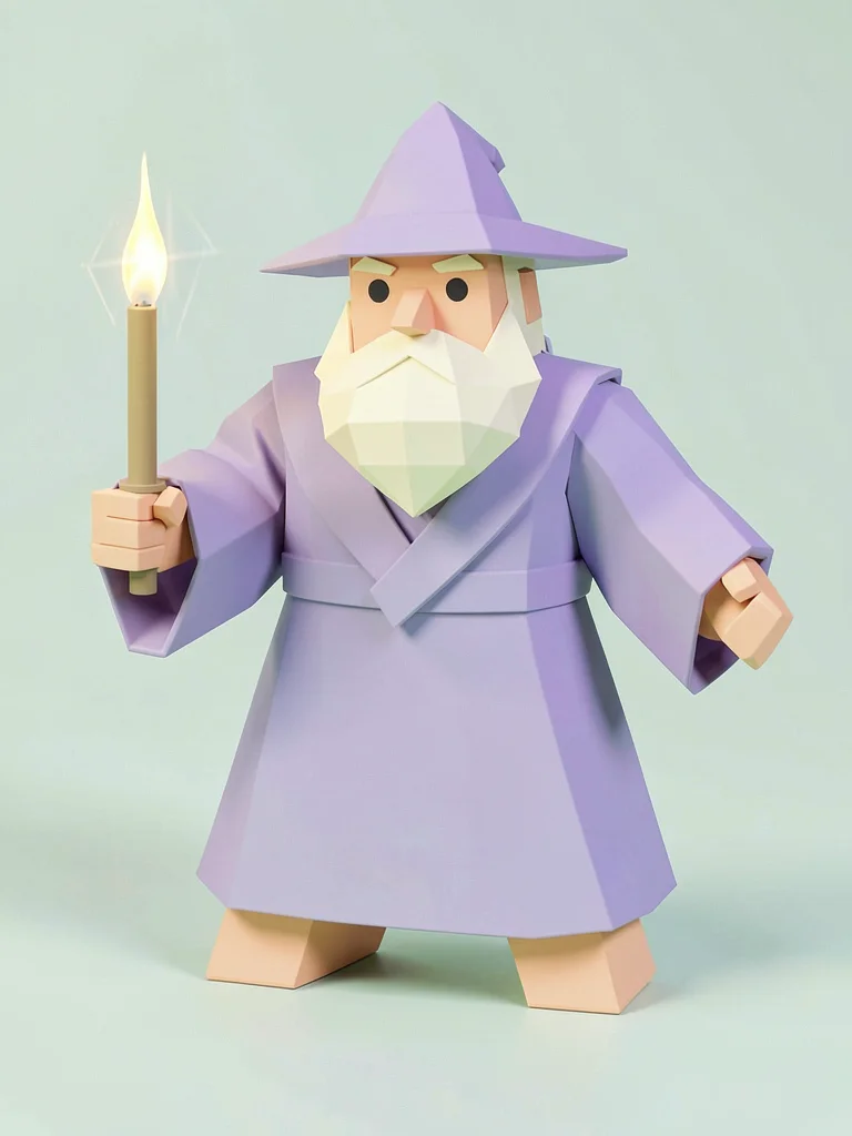 Robed peach lowpoly wizard character mid-spell with chunky lavender robes and a 