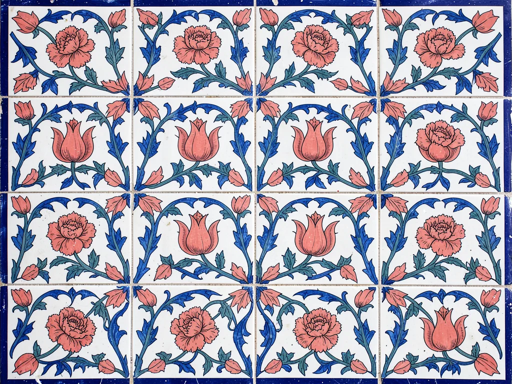 Floor tile grid — alternating cobalt and white tiles with tulip inlay at each ju