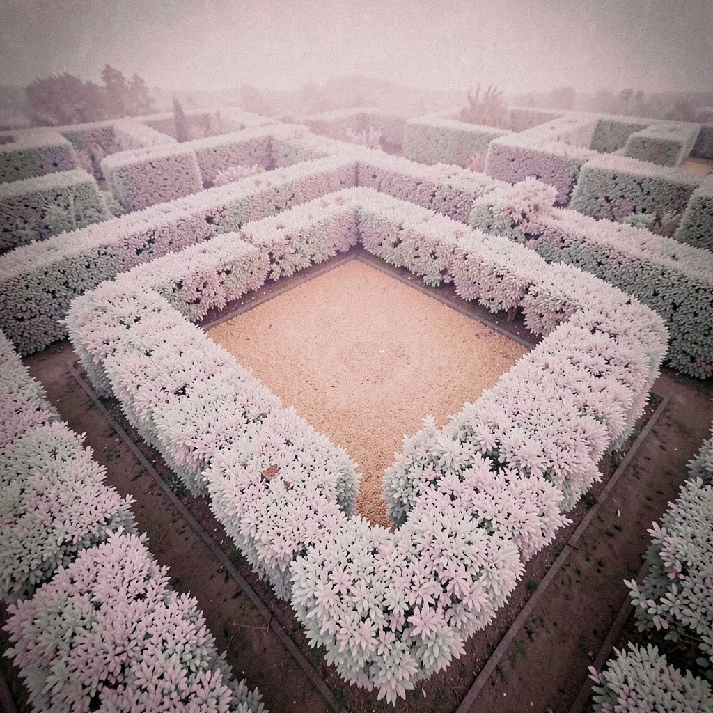 Formal hedge maze viewed from above with white hedges forming geometric paths ar