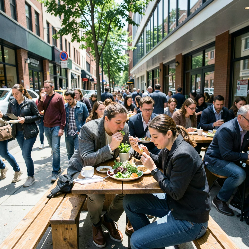 Office worker eating salad alone on a bench outside