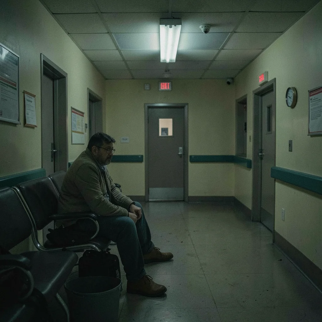 Hospital waiting room at 3am with one anxious person