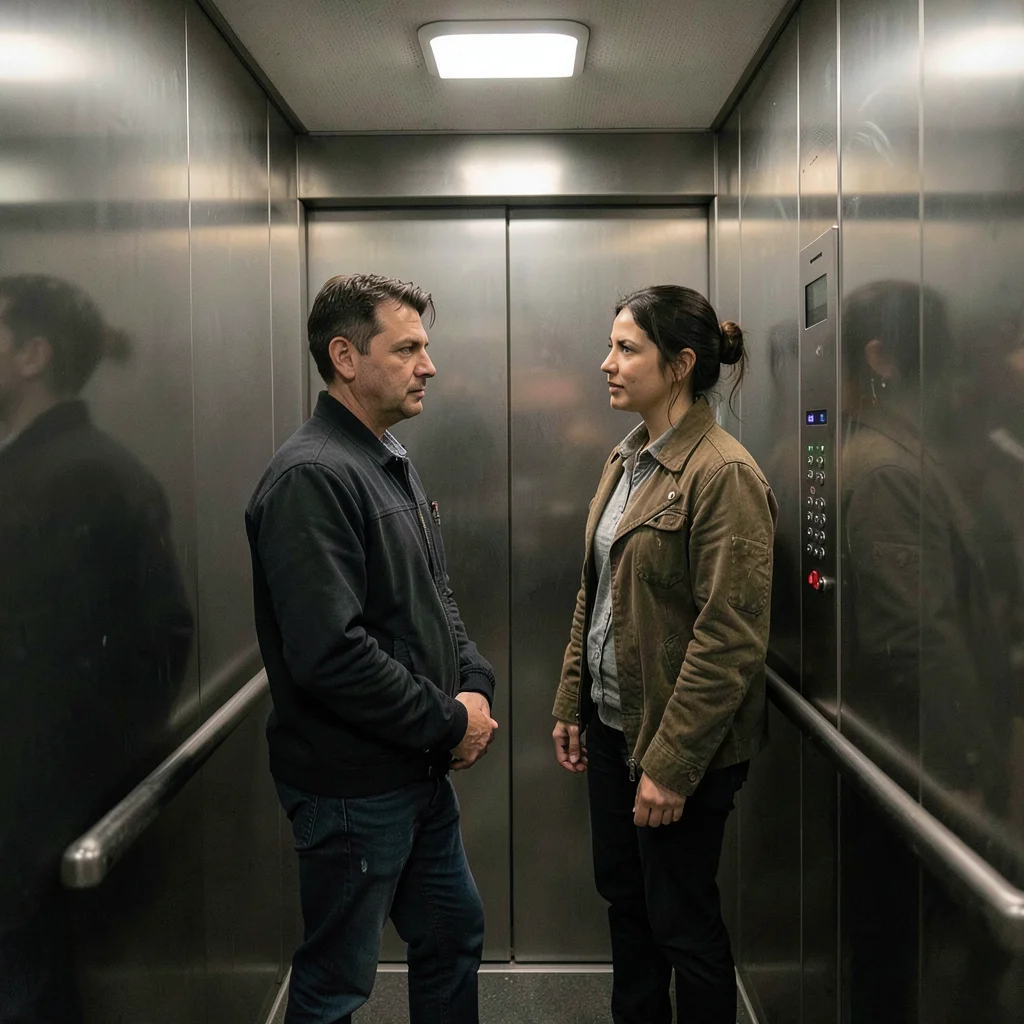 Two strangers maintaining careful distance in a small elevator