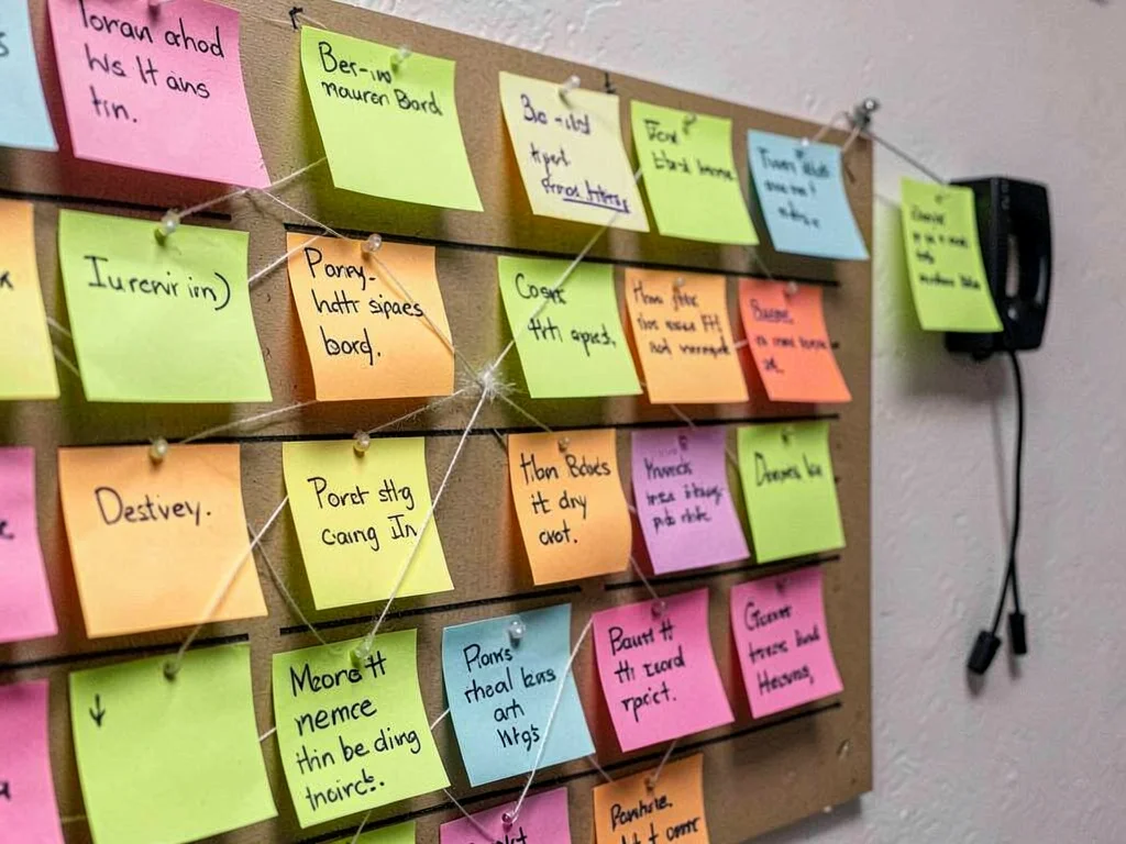 Sticky notes mapping murder board, the detective's wall, strings connecting pape