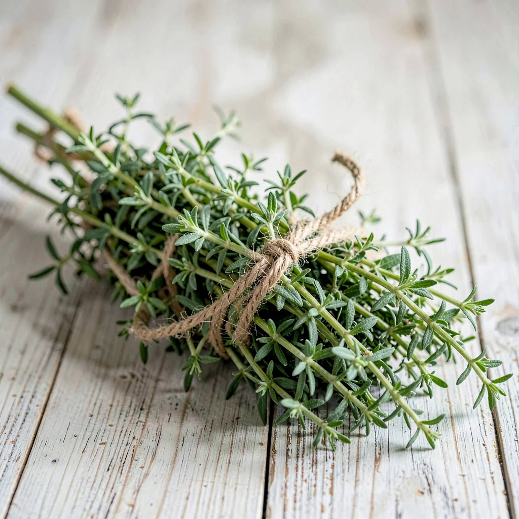 Tangle of fresh tarragon and lemon thyme bundled with garden twine, lying on ble