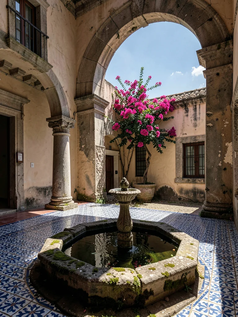 Stone Basin Fountain with Sky Reflection