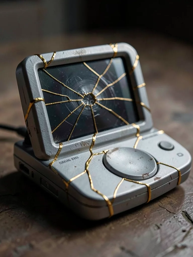 Ancient iPod with scratched screen repaired with fine gold lines, click wheel wo