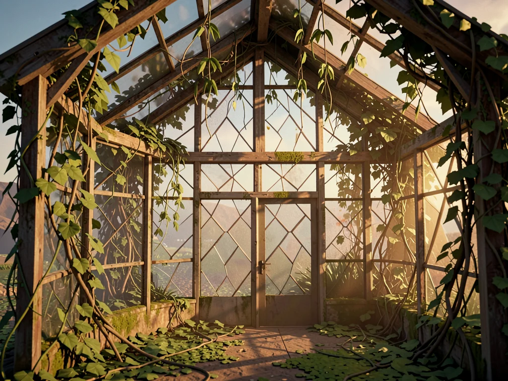 Old greenhouse skeleton overrun with vines and faceted broken glass panels with 