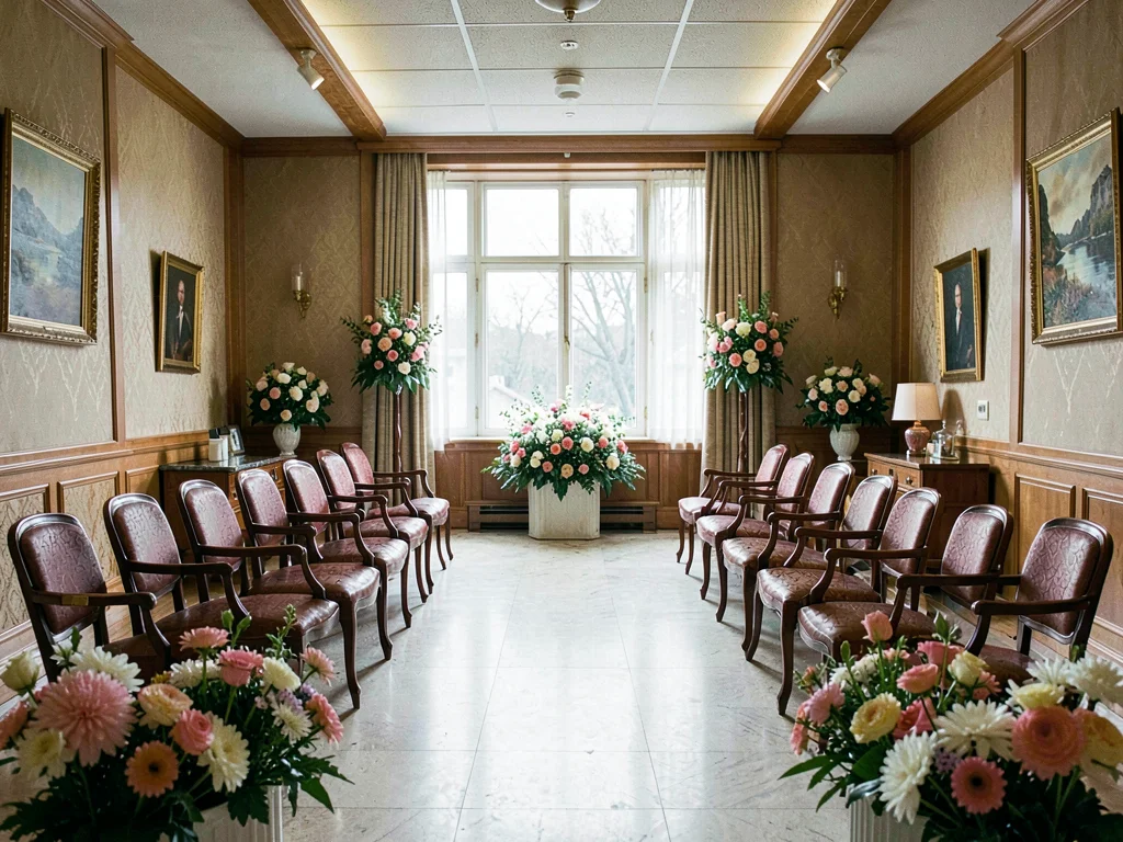 Funeral home viewing room, chairs arranged perfect, flowers symmetric, death mad