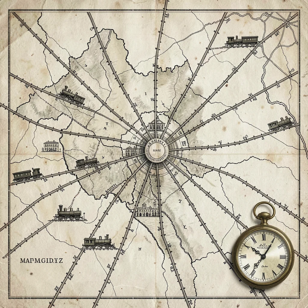 A 19th-century railway map of a fictional inland nation with tracks fanning out 