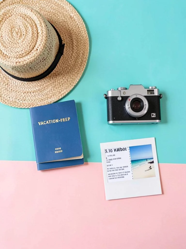 Vacation-prep flat-lay a passport, woven straw hat, polaroid camera, and folded 