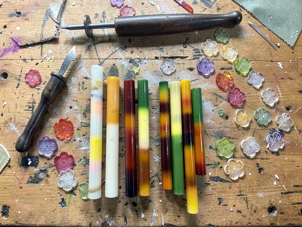 Workshop bench — tool, mandrel, cane lengths, scattered flower slices in working