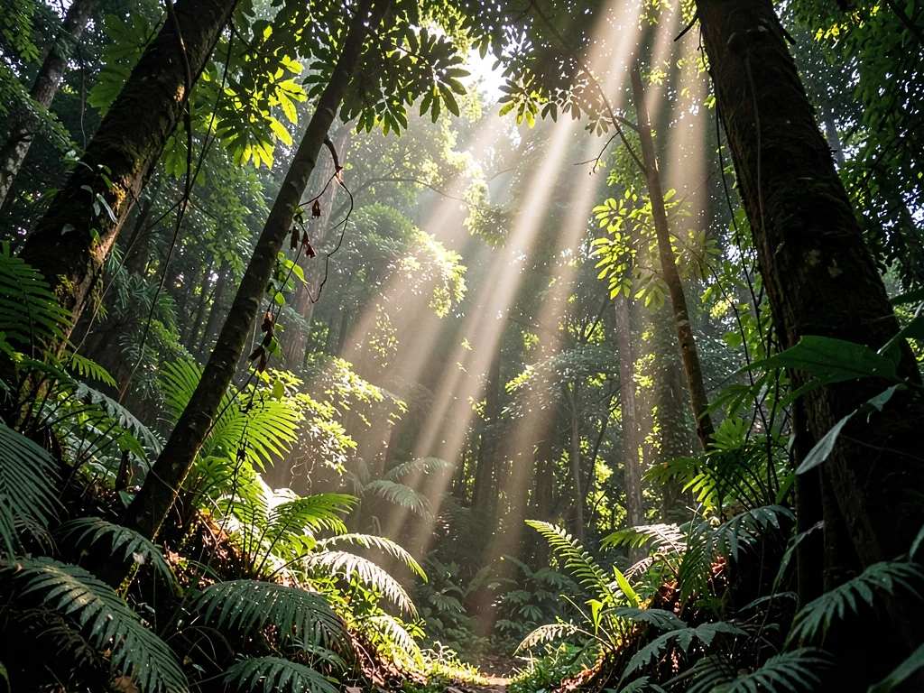 Cathedral light beam descending through canopy gap