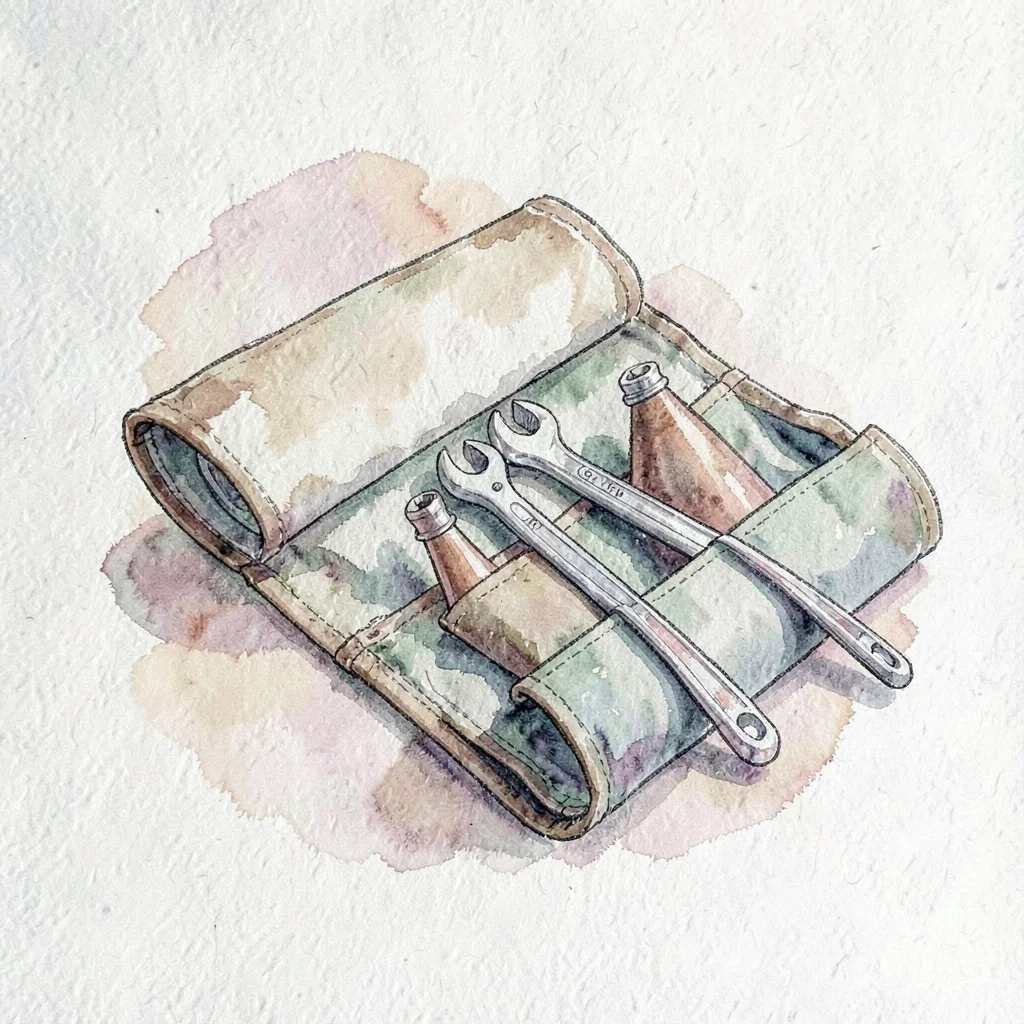 Ink illustration of a tool roll splayed open with cone wrenches and tire levers,