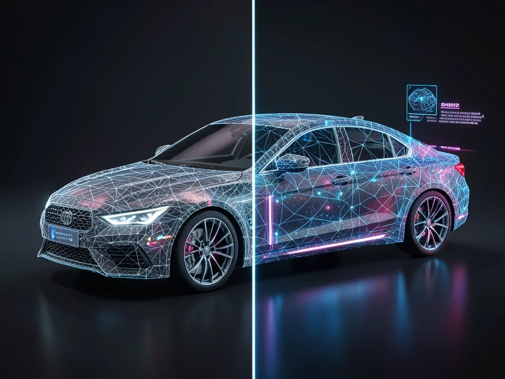 Car half wireframe 3D model, half photorealistic render, split down middle