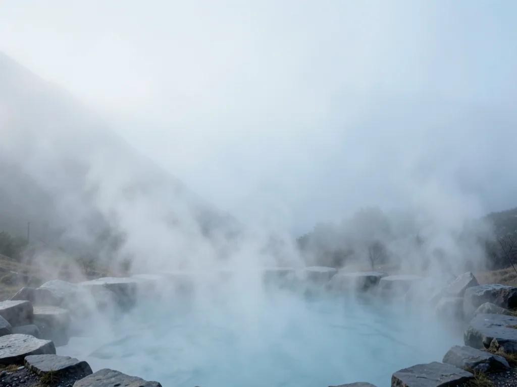 Morning mist rising from a hot spring, steam swirling in cold mountain air