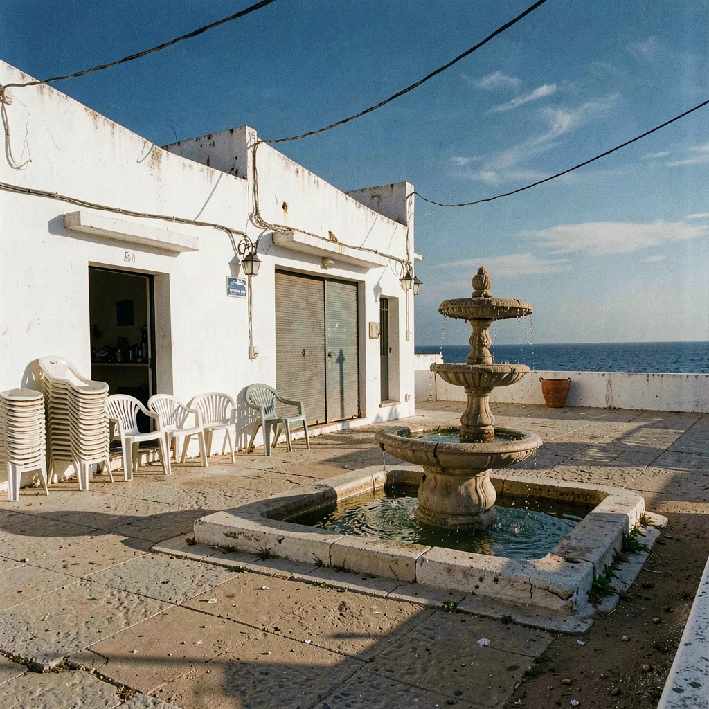 Mediterranean summer photograph, August dry heat, An empty village square at sie