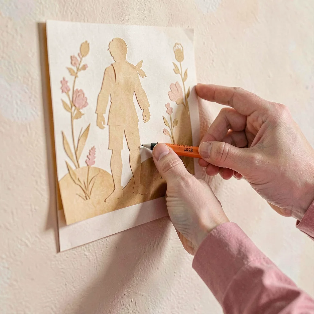 Papercraft hero of a layered paper-cut hand pinning a poster to a wall, warm hon