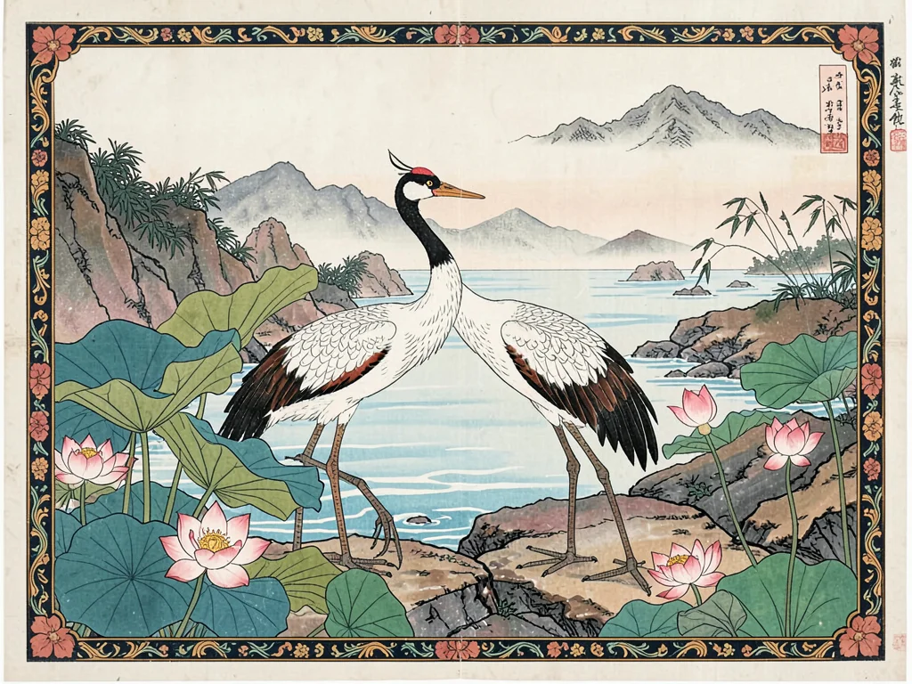 Pair of cranes standing among lotus blossoms near a rocky shore