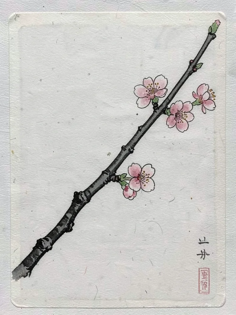 Spring cherry branch with a few open blossoms, minimal negative space