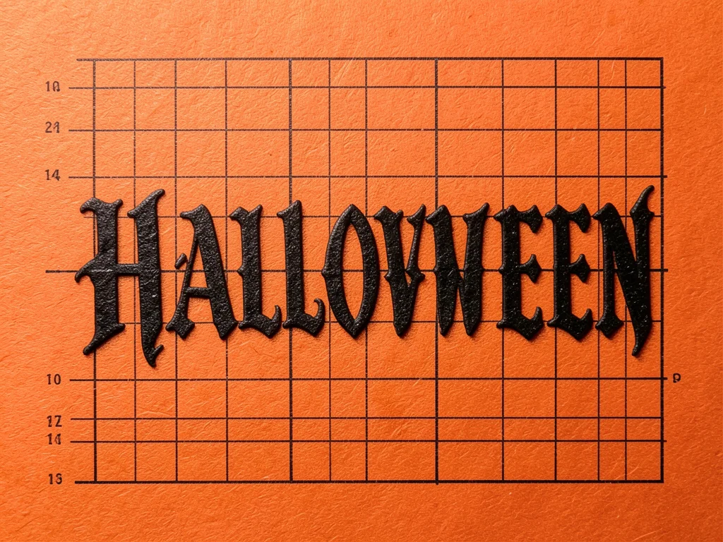 Letterpress HALLOWEEN in gothic type, deep impression in black ink on orange pap