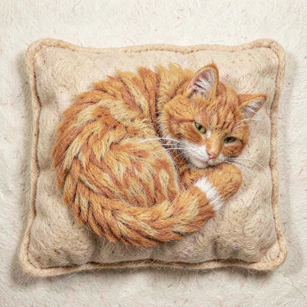 Fluffy orange cat on cushion