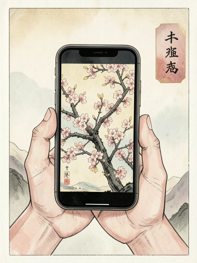 Smartphone in hand rendered as ukiyo-e print, screen showing cherry blossoms, go