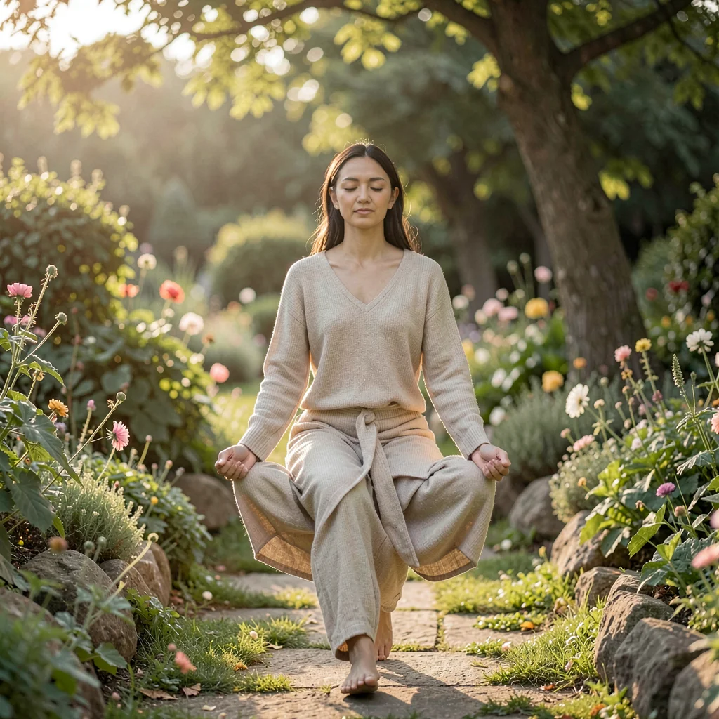 Soft natural light photograph, Walking meditation in garden, slow deliberate ste
