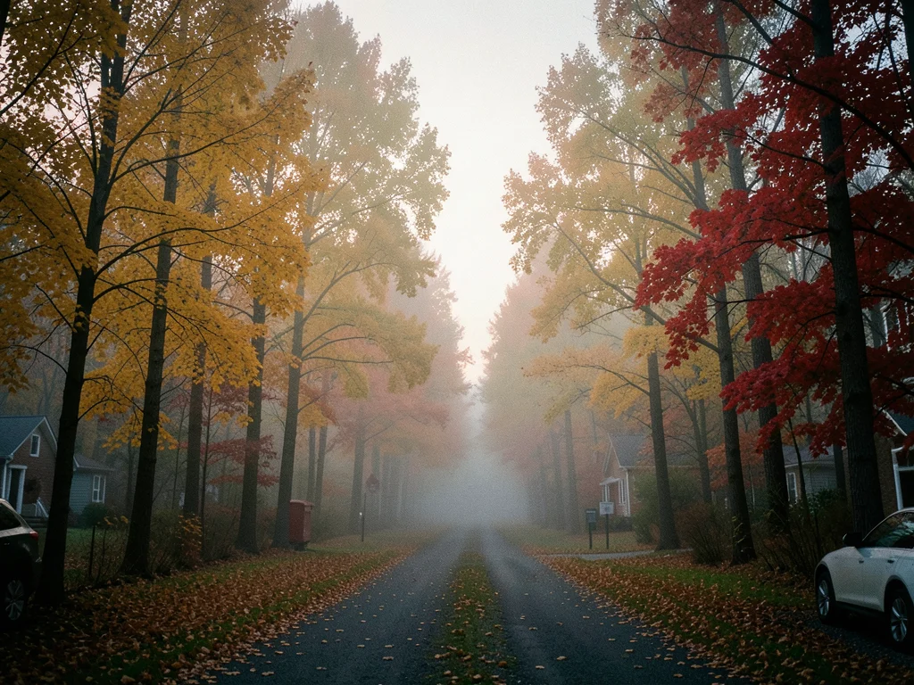 Foggy morning in a forest of golden and red trees, path disappearing into mist