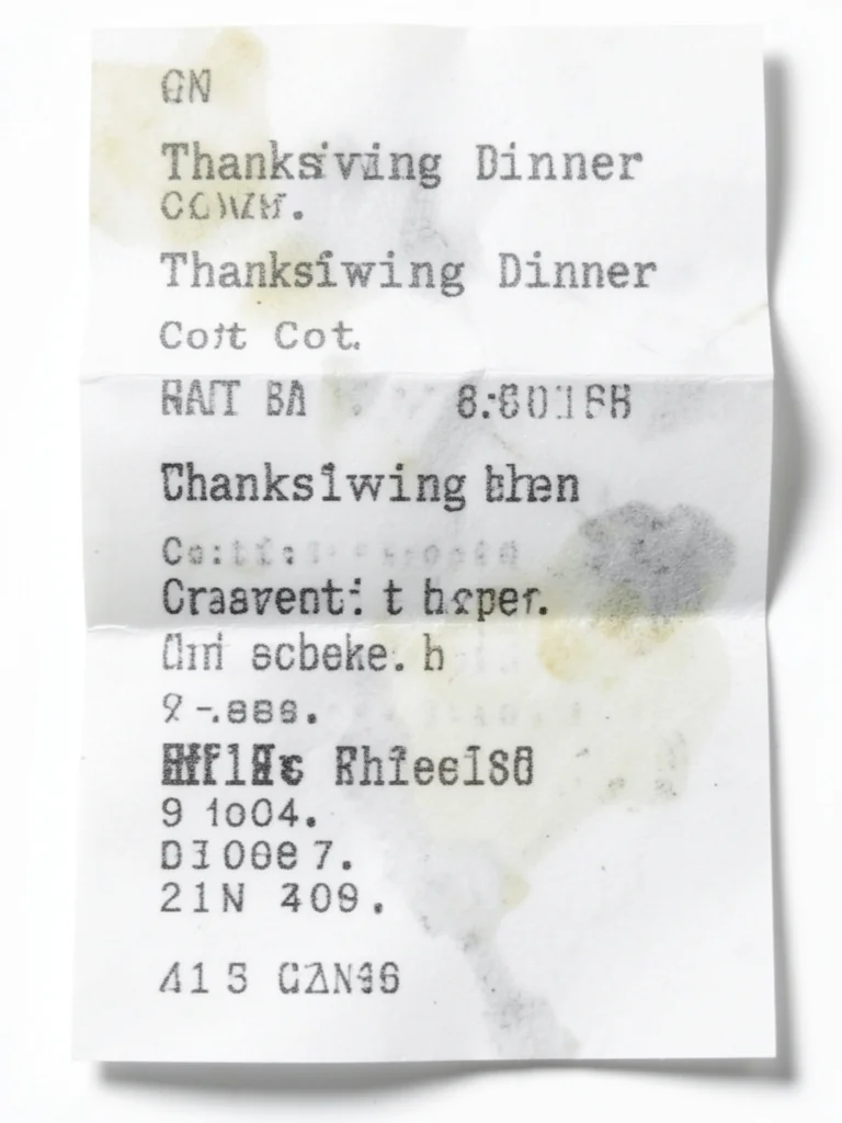 Receipt printout of thanksgiving dinner cost breakdown, fading text