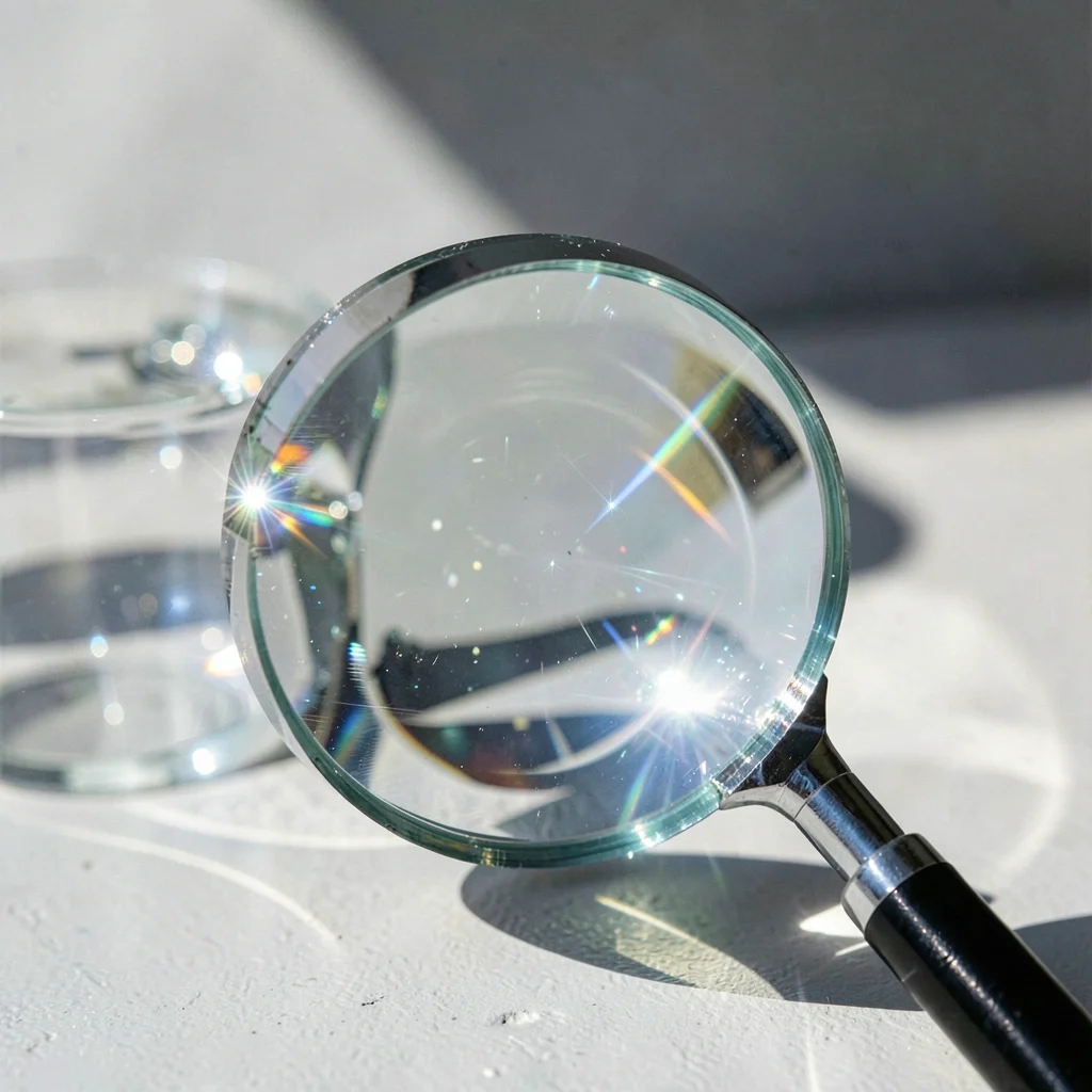 Magnifying glass focusing sunlight, caustic point of light, concentrated transpa