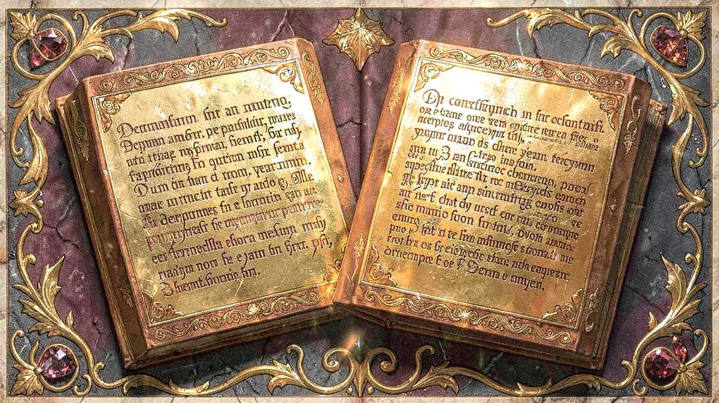 Gold leaf illuminated illustration, tablets of law , burnished gold leaf areas, 