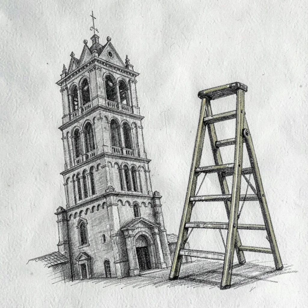 Charcoal study of a leaning tower of bound back issues beside a brass step ladde