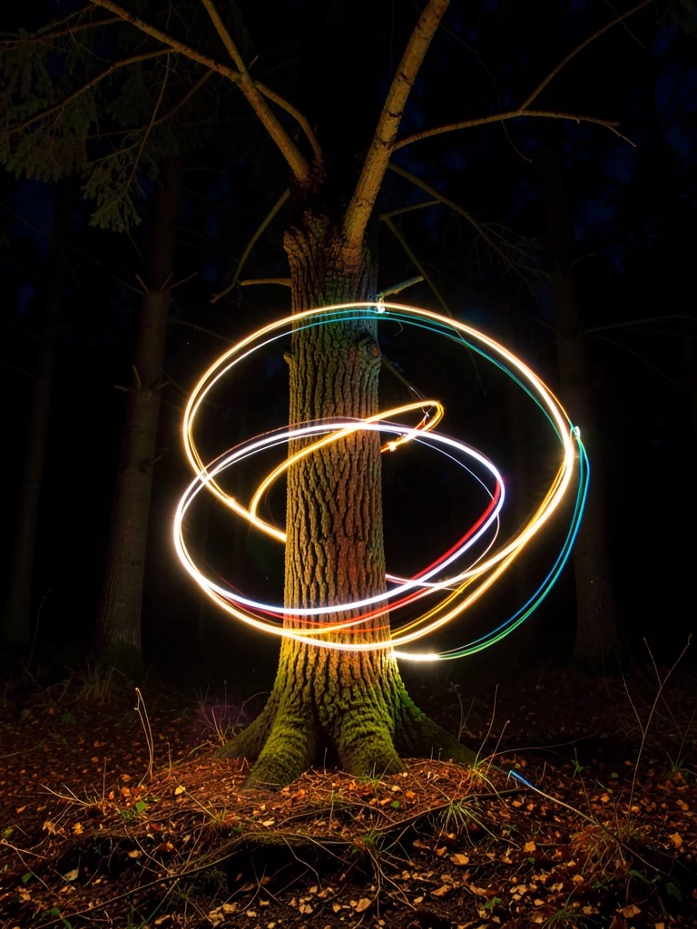 Spiral of warm white light painted around a tree in a dark forest