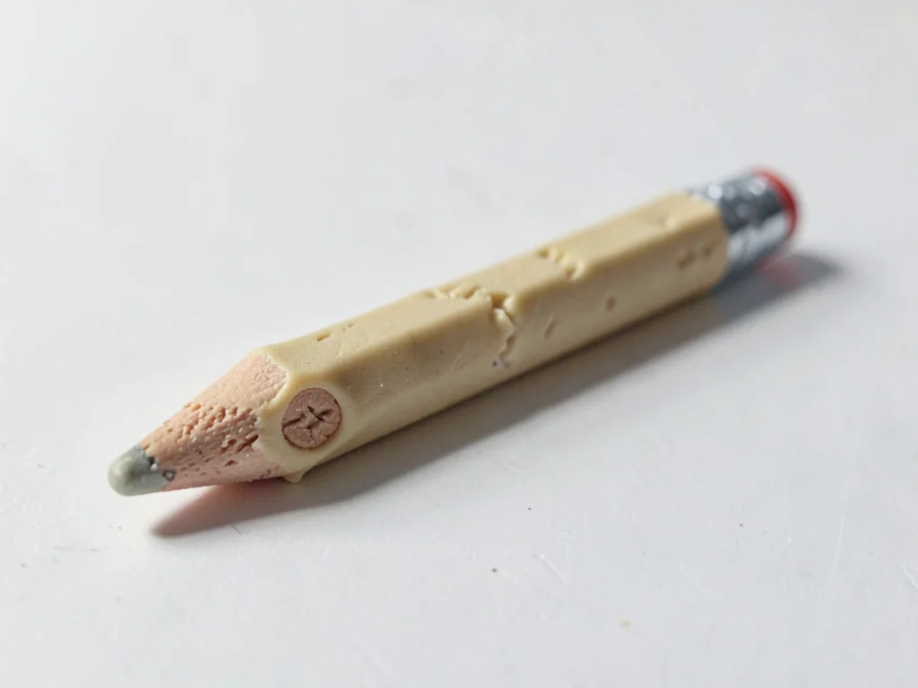 Gnawed oat-cream pencil with thumb dents along its body and fingernail-pressed l