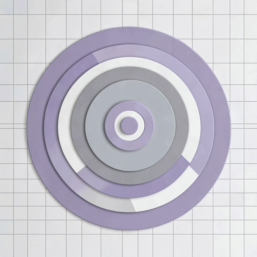 Vector composition of nested concentric arcs growing outward, lavender and stone