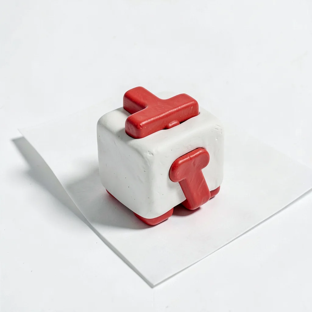 Compact chunky clay first-aid kit in primary white with stubby cherry-red squat 