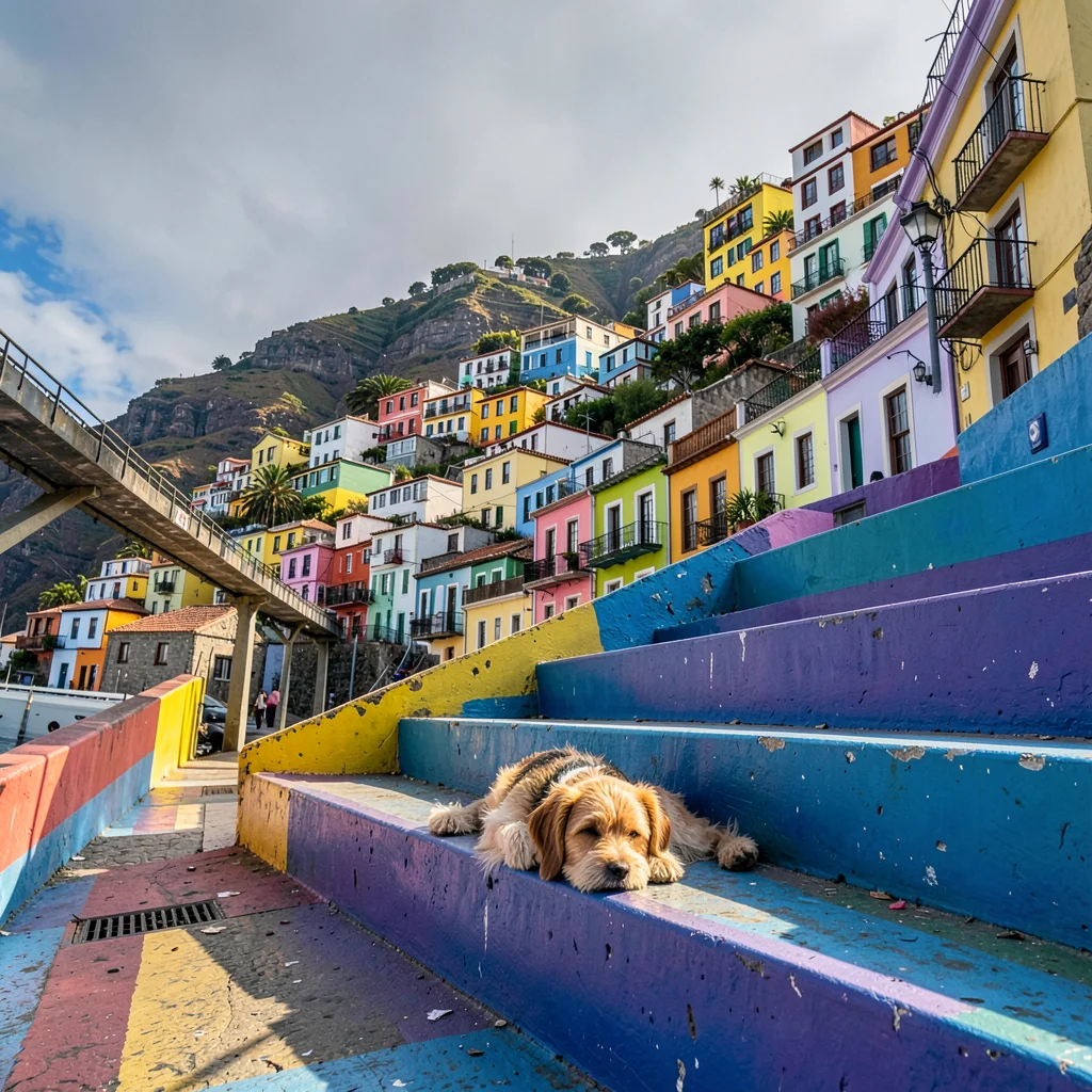 Valparaiso hillside color, painted houses climbing, Stray dog sleeping in a stri