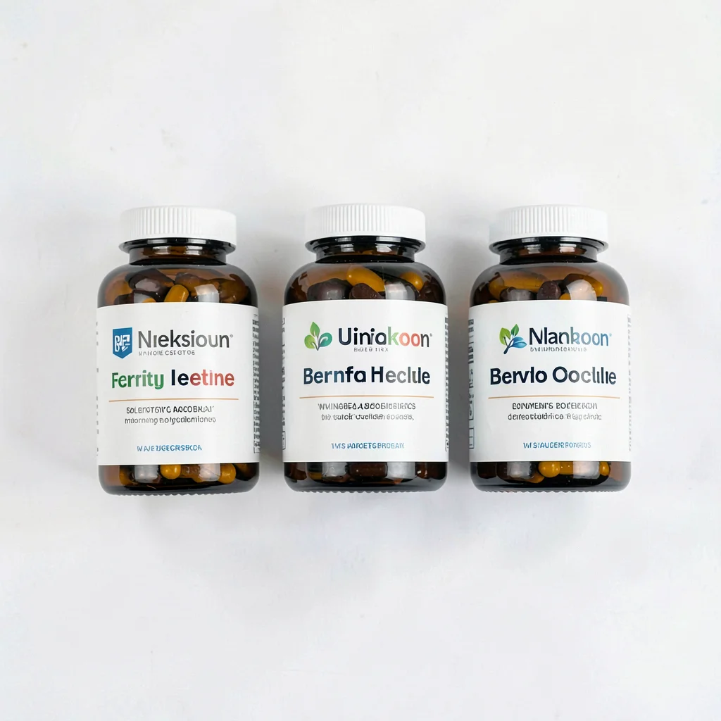 Clean overhead of three unbranded supplement bottles in a tight row on white pap